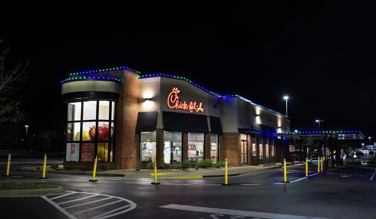 Chick-fil-A restaurant with festive red and white lighting