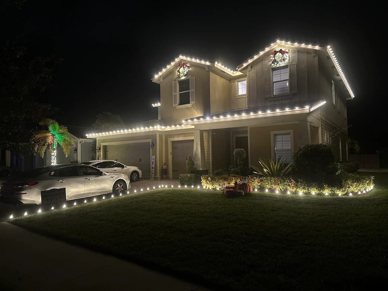 Home with green-lit palms and roofline lighting