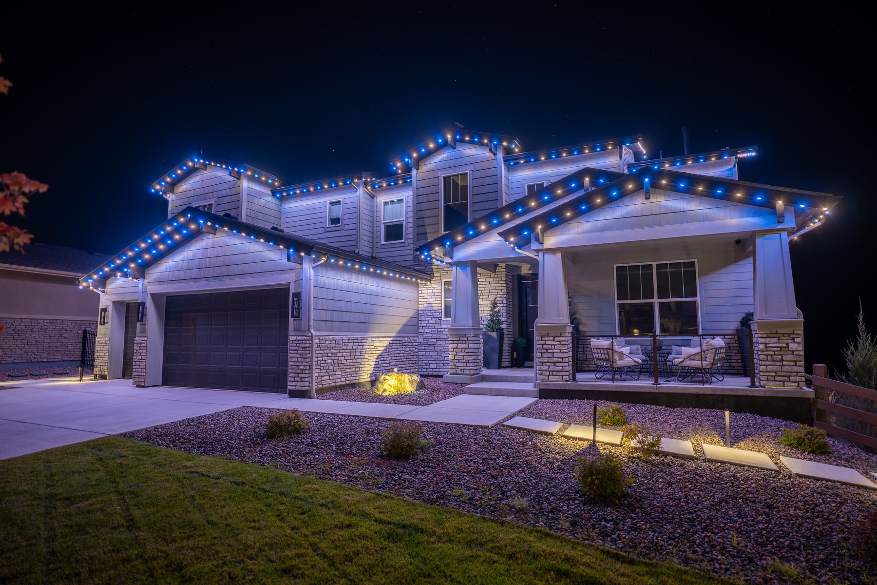 Same home with blue and green permanent lighting