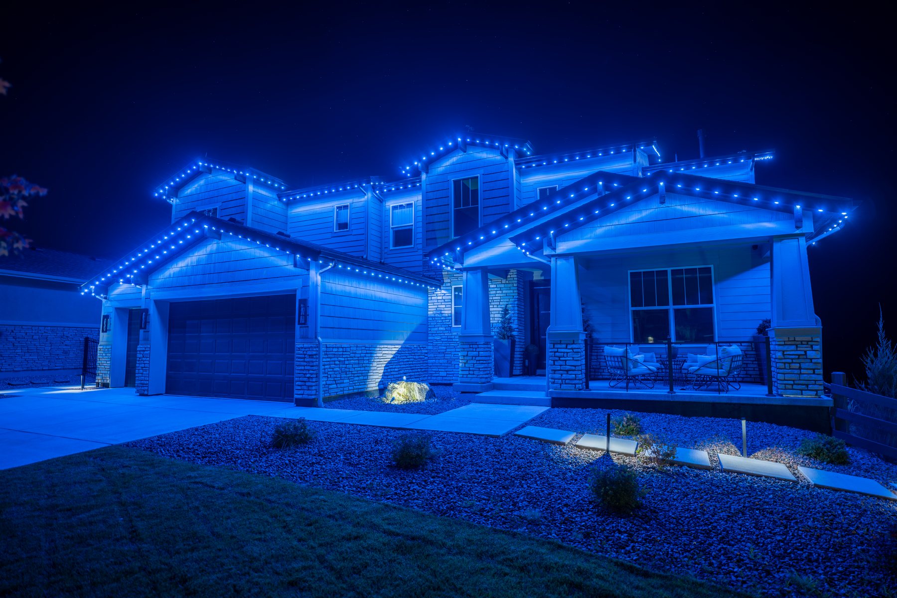 Same home with red white and blue permanent lighting